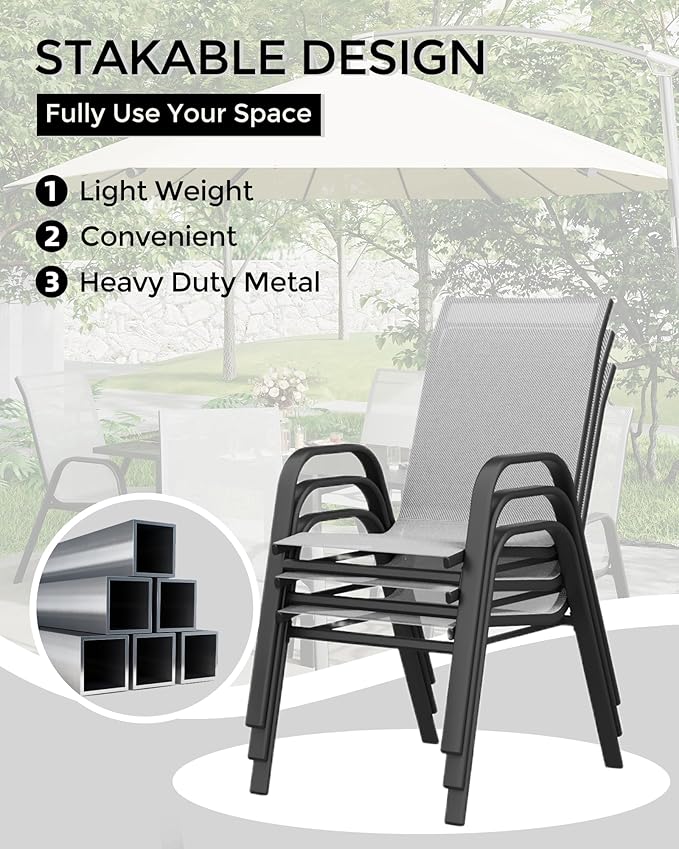 Outdoor Stackable Dining Chairs Set of 4, High-Back Patio Stacking Chairs, Patio Chairs with Textilene Farbic & Metal Frame for Lawn Backyard Deck Garden,Grey - Image 4