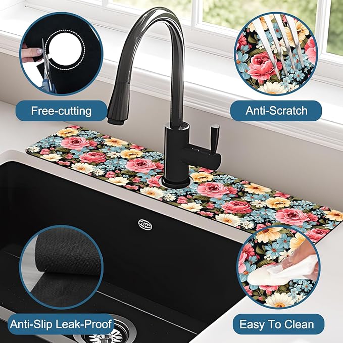 Colorful Flowers Sink Faucet Absorbing Mat Vintage Floral Super Absorbent Fast - Image 4