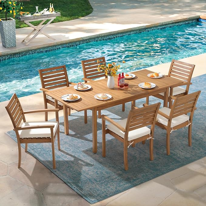 OC Orange-Casual Stackable Patio Dining Chairs Set of 6, Outdoor Acacia Wooden Chairs w/Armrest & Removeable Fabric Cushion, for Porch, Backyard, Garden, Indoor, Beige - Image 5