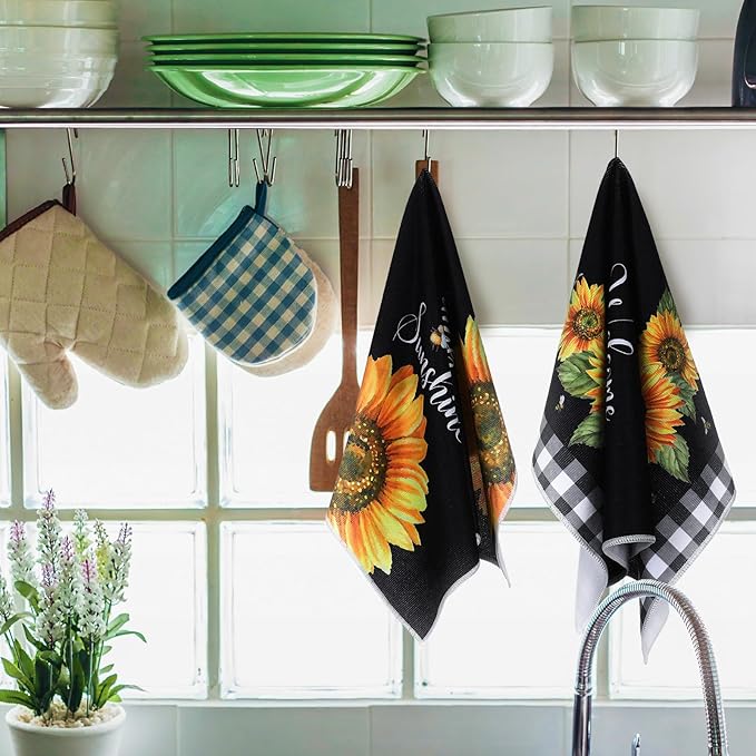 Bencailor 4 Pcs Sunflower Kitchen Towels Summer Black and White Tea Towels - Image 2