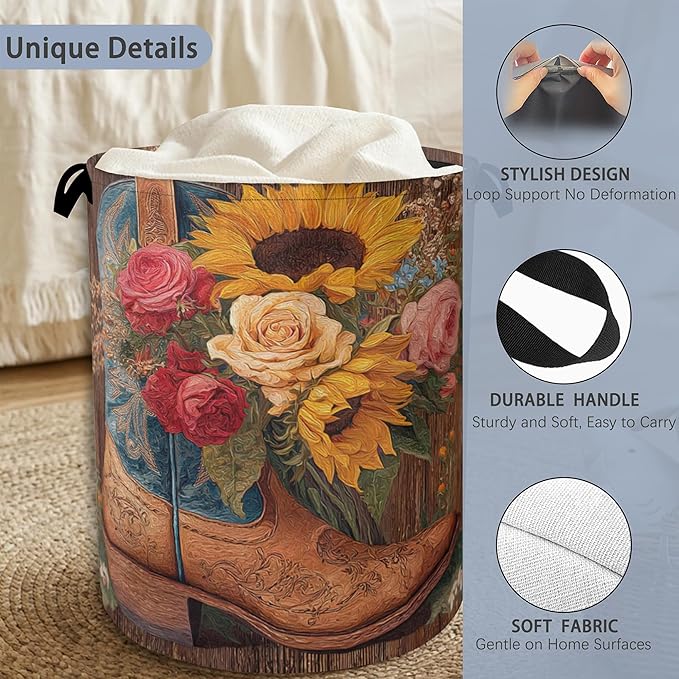 Cowboy Boots Laundry Basket, Wooden Sunflowers Foldable Oxford Cloth Tote Bag - Image 3