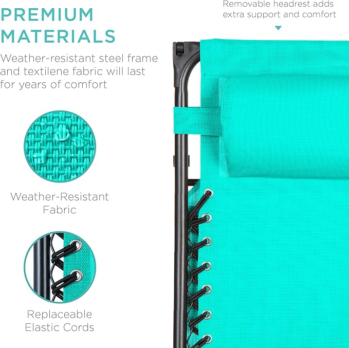 Best Choice Products Folding Zero Gravity Outdoor Recliner Patio Lounge Chair w/Adjustable Canopy Shade, Headrest, Side Accessory Tray, Textilene Mesh - Mint - Image 6