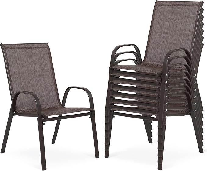 Outdoor Stackable Chairs Set of 8, Stacking Patio Chairs with Textilene Fabric, Outside Furniture for Garden Backyard Balconie Poolside Deck, Brown by Villeston