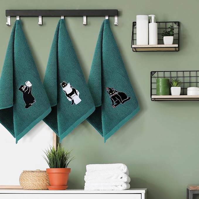 3 Pcs Cat Hand Towels for Bathroom Decor Funny Embroidered Black Cat Halloween - Image 4