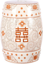 JONATHAN Y TBL1013D Double Happiness 18" Chinoiserie Ceramic Drum Indoor/Outdoor Garden Stool Bohemian, Coastal, Classic, Cottage, Traditional, Patio, Garden, Bathroom, Living Room, Orange/White by JONATHANY