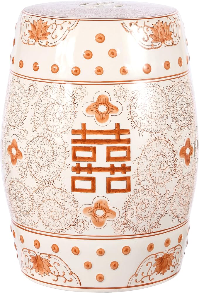 JONATHAN Y TBL1013D Double Happiness 18" Chinoiserie Ceramic Drum Indoor/Outdoor Garden Stool Bohemian, Coastal, Classic, Cottage, Traditional, Patio, Garden, Bathroom, Living Room, Orange/White by JONATHANY