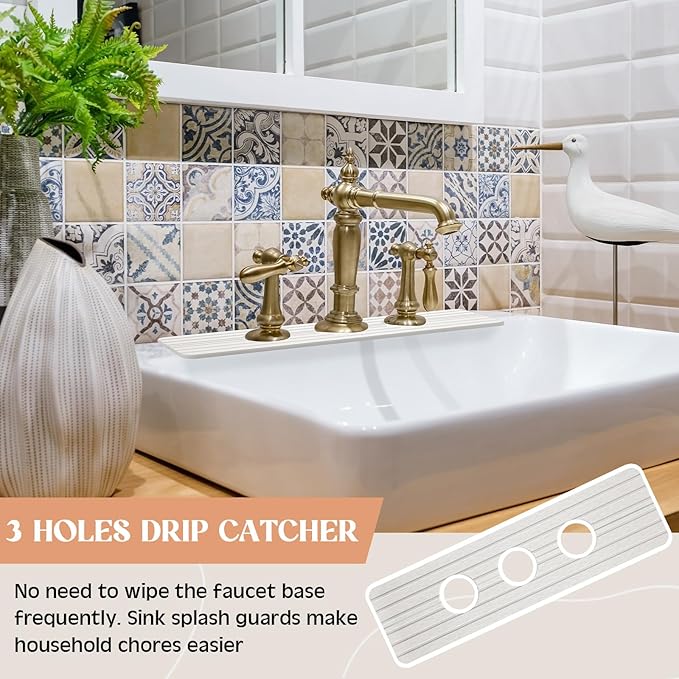 3 Hole White Faucet Mat for Kitchen Sink Bathroom 16.1" x 5" Kitchen Faucet - Image 6