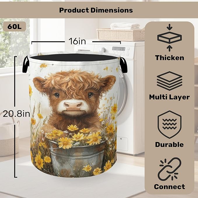 Cute Highland Cow Flower Foldable Canvas Laundry Basket - Image 2