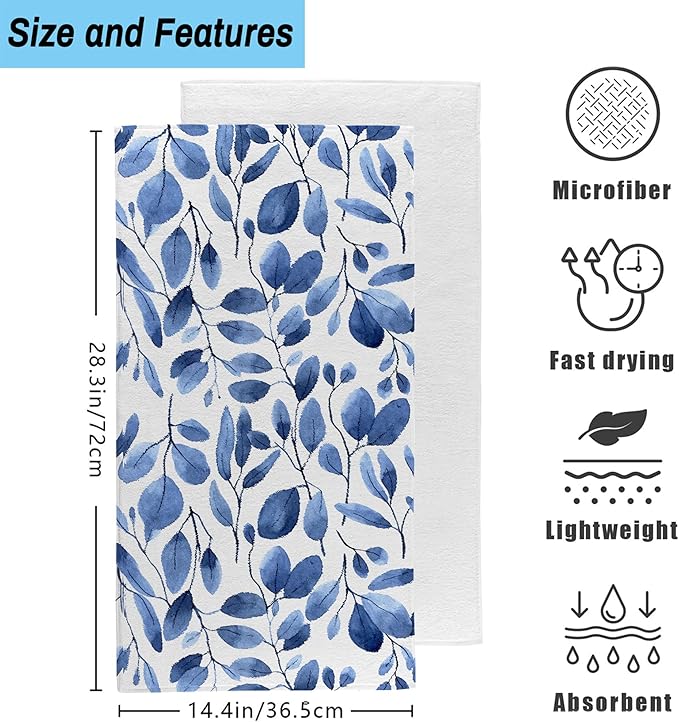 Blue Eucalyptus Leaves Bathroom Hand Towel Set of 2, Watercolor Botanical Plant - Image 2