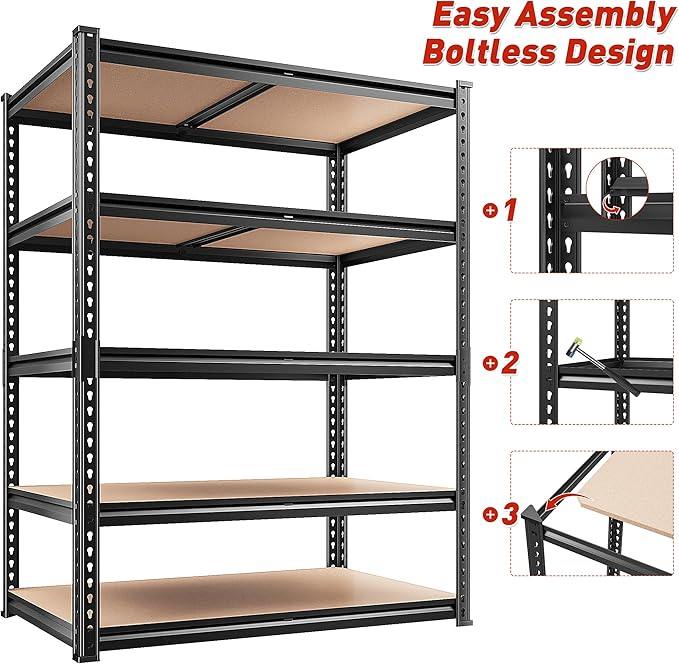 REIBII 2400LBS Storage Shelves 5 Tier Garage Shelving Heavy Duty, Adjustable Metal Shelving Unit, Garage Shelves for Basement, Warehouse, Pantry, Closet, Kitchen 72" H x 35.55" W x 16" D, 2 Pack | Heavy Duty, Adjustable, 2020LBS Capacity, Garage, Pantr... - Image 9