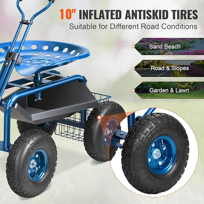 VEVOR Garden Cart Rolling Workseat with Wheels, Gardening Stool for Planting, 360 Degree Swivel Seat, Wagon Scooter with Steering Handle & Utility Tool Tray, Use for Patio, Yard, and Outdoors, Blue - Image 5