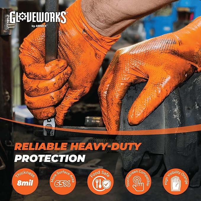 GLOVEWORKS 8 Mil Orange Nitrile Disposable Gloves Heavy Duty Industrial RDT - Image 2