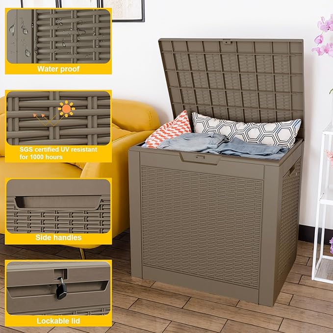 DRATO 34 Gallon Deck Boxes Resin Outdoor Storage Box UV Resistant Outside Deck Box with Lockable Lid for Patio Furniture（Grey，34 Gallon） - Image 4