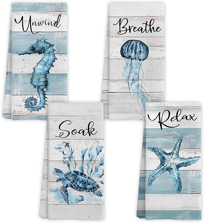 Rustic Coastal Beach Hand Towels, Sea Horse Jellyfish Turtle Starfish Unwind by Unknown