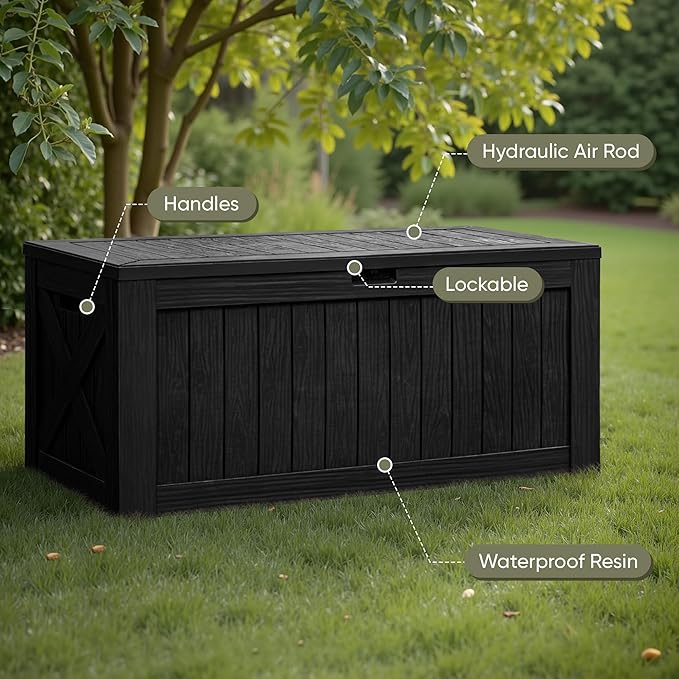 Flamaker Resin Deck Box 120 Gallon Waterproof Large Outdoor Indoor Storage Box Imitation Wood Resin for Patio Furniture Garden Tools and Pool (Black) - Image 2