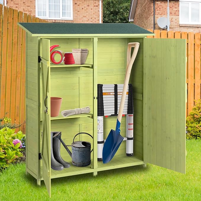 Outvita Outdoor Storage Cabinet with Waterproof Roof, Double Lockable Doors Garden Shed with 2 Removable Shelves, Wooden Storage Shed with Large Storage Space for Yard Garge Patio Deck Porch（Green） - Image 7