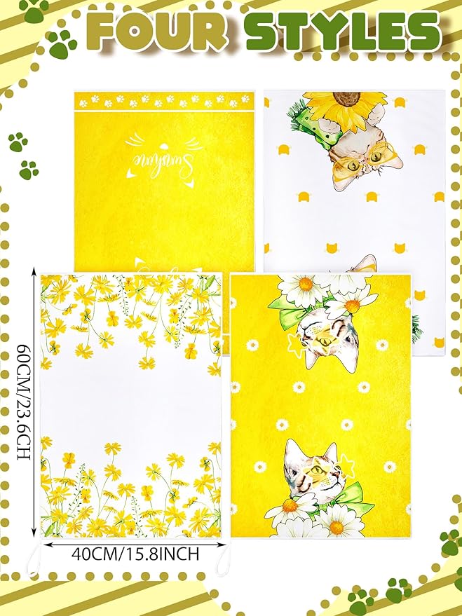 Bencailor 4 Pcs Cat Kitchen Towels Yellow Floral Cute Kitty Hand Dish Towels - Image 3