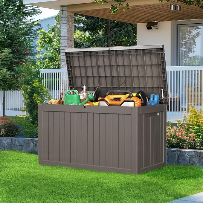 280 Gallon Resin Deck Box, Lockable Patio Outdoor Storage Box for Furniture, Garden Tools and Tools Storage, Waterproof Outside Storage Boxes - Grey - Image 6
