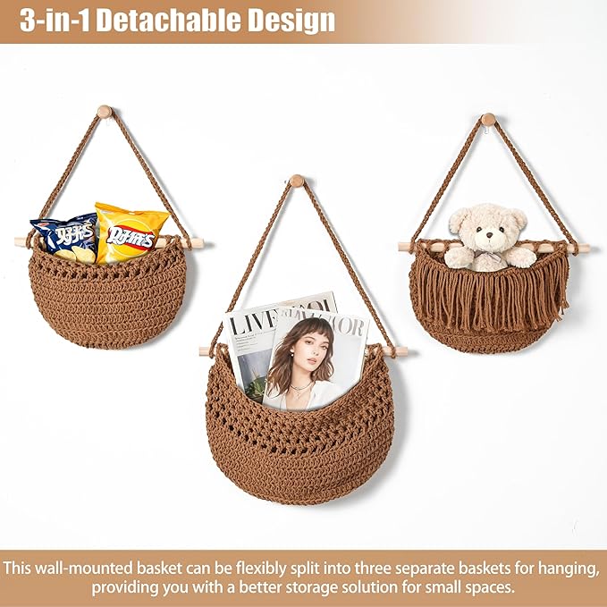 3 Tier Hanging Fruit Baskets for Kitchen, Boho Cotton Rope Handwoven Vegetable - Image 5