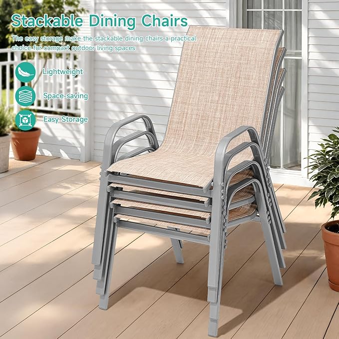 Patio Chairs Set of 2, Easily Set Up Stackable Outdoor Dining Chairs with High Back and Wide Seat, All Weather Breathable Outdoor Chairs Set of 2 with Metal Frame for Backyard Deck Pool, Beige - Image 5