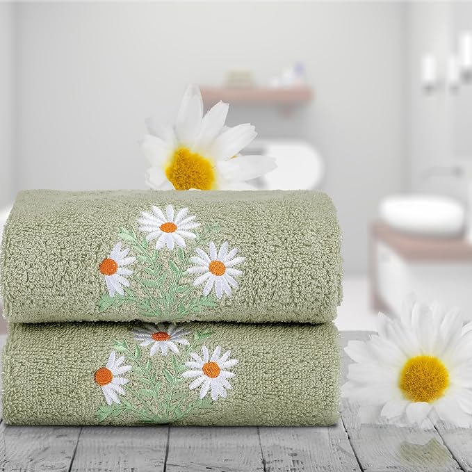 2 Pcs Daisy Flower Hand Towels Gray Green Bathroom Decor 14x29 Inch Embroidered - Image 5