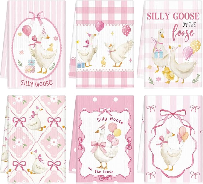 Breling Set of 6 Silly Goose Kitchen Towels Funny Goose Dish Towel Decor Pink by Breling