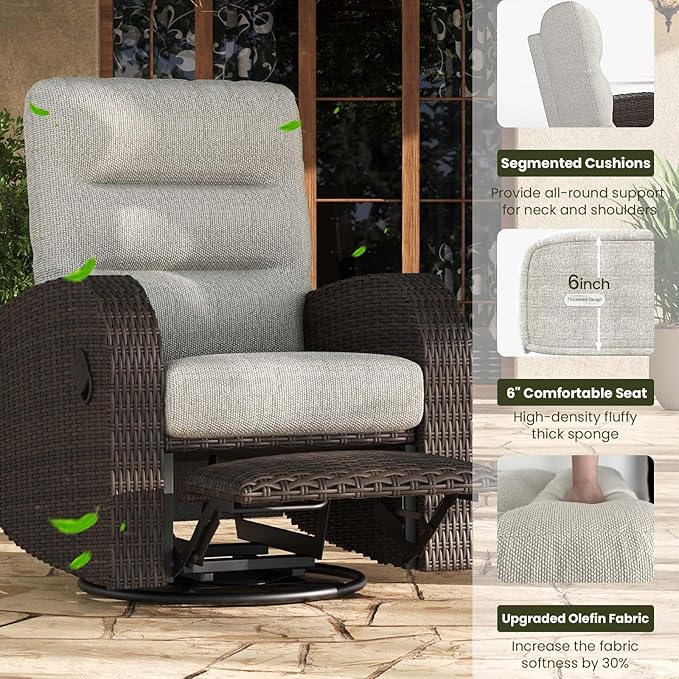 LayinSun Oversized Wicker Outdoor Swivel Glider Recliner with Adjustable Backrest & Footrest, Patio Reclining Lounge Chair - Image 4