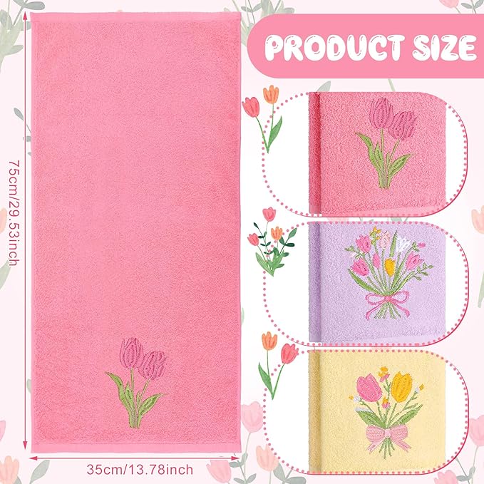 3 Pcs Tulips Bouquet Hand Towels Spring Pink Tulips Flower Bath Towels 14 x 29 - Image 3