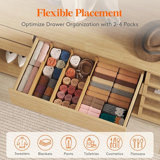 Lifewit 6" High 8 Pack Bamboo Drawer Dividers 33-42cm/13-16.5" Adjustable - Image 4