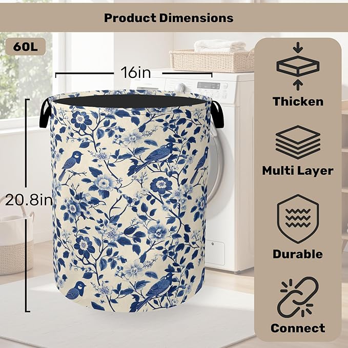 Navy Blue Beige Birds Laundry Basket - Image 2