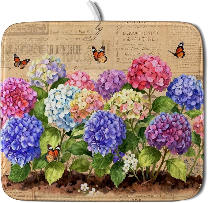 Vintage Hydrangea Dish Drying Mat Watercolor Floral Microfiber Absorbent Dish by Giwawa