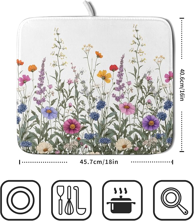 Giwawa Flower Herbs Dish Drying Mat Botanical Plant Dishes Drainer Mat 16x18 - Image 2