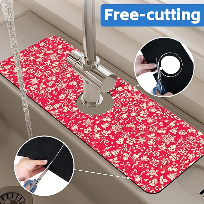 Christmas Reindeer Bell Snowflake Kitchen Sink Splash Guard Mat Absorbent Fast - Image 7