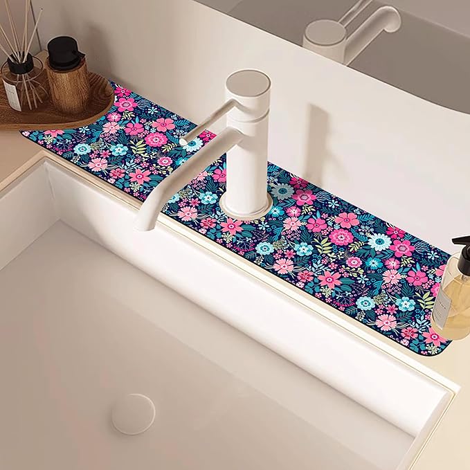 Modern Blue and Pink Floral Sink Faucet Absorbing Mat Sink Splash Guard Faucet - Image 2