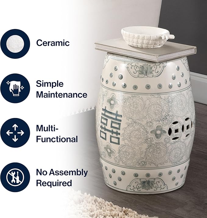 JONATHAN Y TBL1013C Double Happiness 18" Chinoiserie Ceramic Drum Indoor/Outdoor Garden Stool Bohemian, Coastal, Classic, Cottage, Traditional, Patio, Garden, Bathroom, Living Room, Gray Blue/White - Image 4
