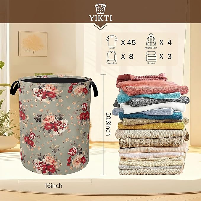 Red Rose Flowers Laundry Hamper, Vintage Floral Clothes Hamper - Image 2