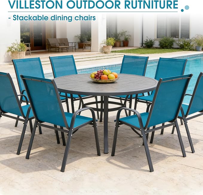 Outdoor Stackable Chairs Set of 8, Stacking Patio Chairs with Textilene Fabric, Outside Furniture for Garden Backyard Balconie Poolside Deck, Blue - Image 7