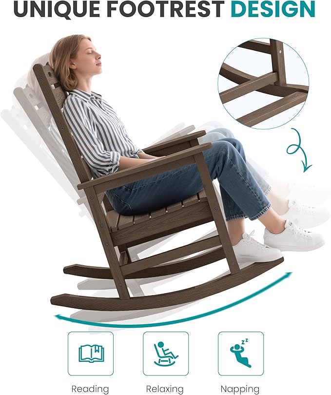 SERWALL Outdoor Rocking Chair Set of 2, Oversized Rocking Chair with Footboard for Adults, HDPE All Weather Resistant Rocking Chairs for Patio, 350lbs Weight Capacity,Coffee - Image 8