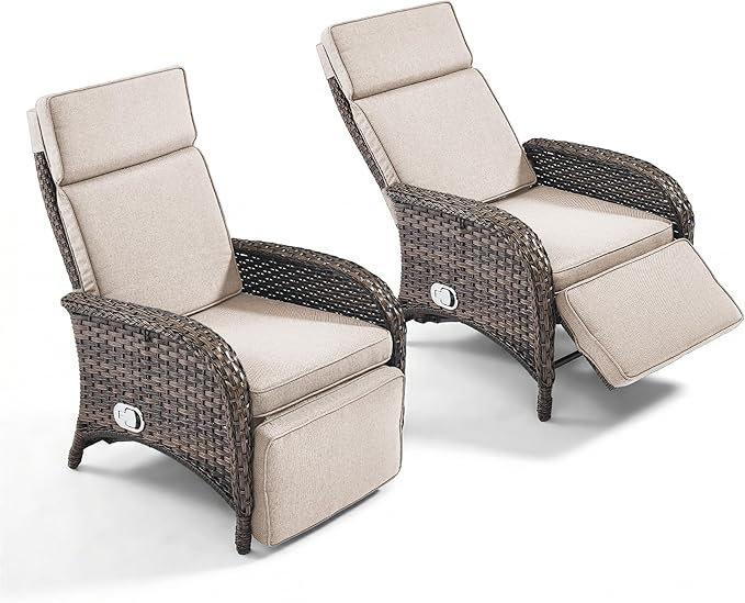 Zero Gravity Wicker Patio Recliner Chairs Set of 2 - Wicker Outdoor Lounge Chair with Adjustable Backrest & Footrest, All Weather Outdoor Reclining Chairs with Thick Cushion for Pool Deck Beige - Image 7
