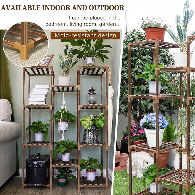 Uneedem Plant Stand Indoor Outdoor, Tall Plant Shelf for Multiple Plants, 10 tiers 11 Pot Large Plants Holder Rack Wood Plant Shelves for Room Corner Balcony Garden Patio - Image 5
