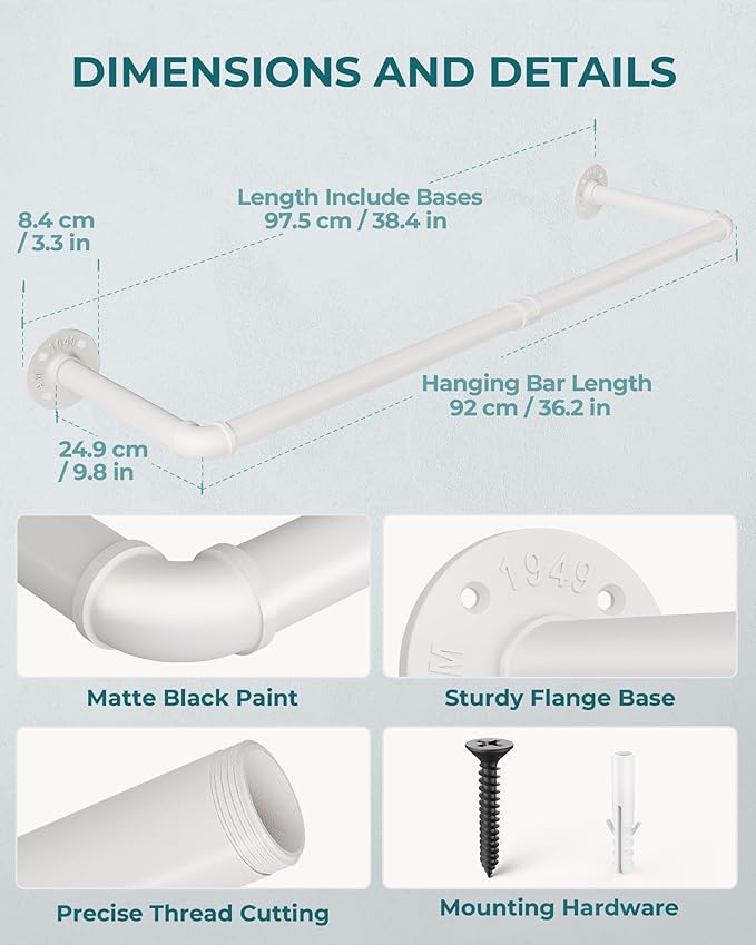 OROPY Industrial Pipe Clothes Rack Wall Mounted Set of 2, 38.4 inches Heavy - Image 4