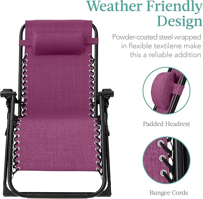 Best Choice Products Oversized Zero Gravity Chair, Folding Outdoor Patio Recliner, XL Anti Gravity Lounger w/Removable Cushion, Cup Holder, Side Tray, 350lb Capacity - Amethyst Purple - Image 4