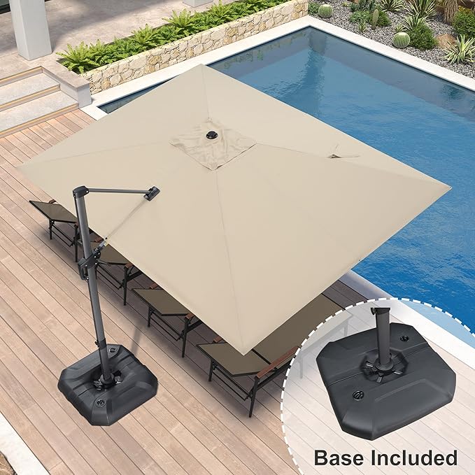 PURPLE LEAF 9' X 11.5' Patio Umbrella with Base Outdoor Cantilever Rectangle Umbrella Offset Umbrella with 360-degree Rotation for Garden Deck Pool Patio, Beige - Image 8