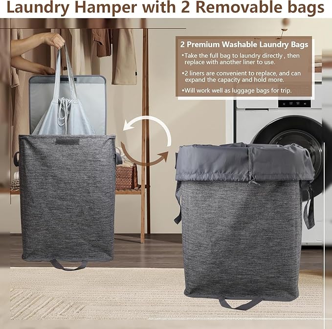 Foldable Laundry Hamper with 2 Removable Drawstring Bags, Portable Laundry - Image 4