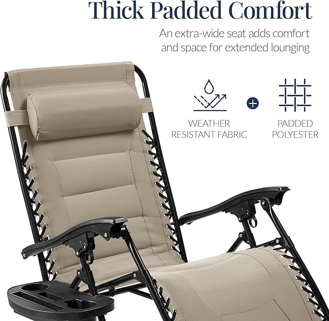 Best Choice Products Oversized Padded Zero Gravity Chair, Folding Outdoor Patio Recliner, XL Anti Gravity Lounger for Backyard w/Headrest, Cup Holder, Side Tray, Polyester Mesh - Dune - Image 4