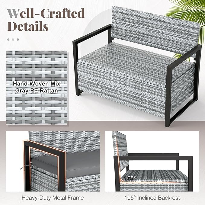 Tangkula 40 Gallon Outdoor Bench with Storage, Patio Wicker Storage Bench with Cushion, Cover, Metal Frame, Deck Box Seat for Backyard, Poolside, Balcony, Garden - Image 7