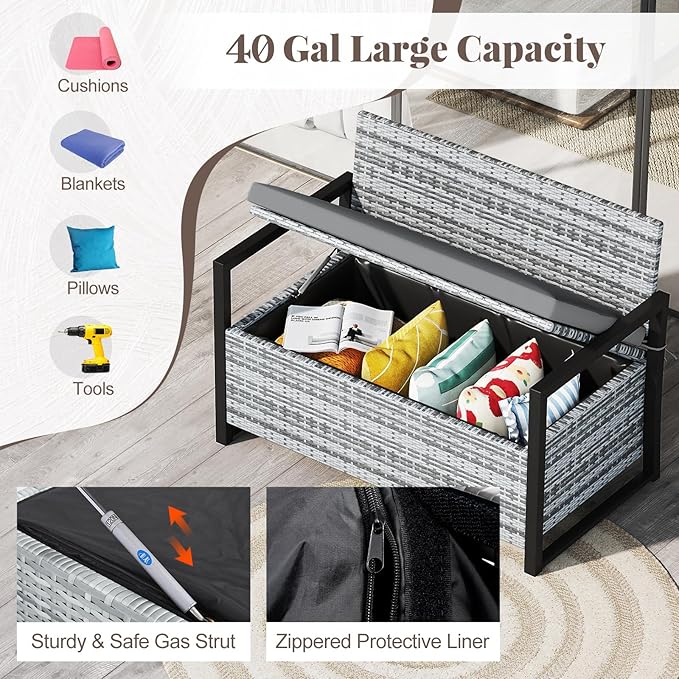 RELAX4LIFE Wicker Outdoor Bench with Storage - Rattan Deck Box w/Protective Liner for Pillows, Pool Supplies, Garden Tools, Patio Loveseat with Seat Cushion & Metal Armrests for Backyard Porch Balcony - Image 6