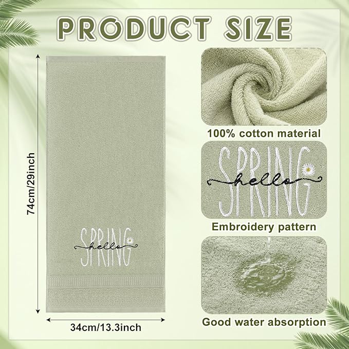 2 Pcs Hello Spring Hand Towels Gray Green Bathroom Decor 14x29 Inch 100% Cotton - Image 3