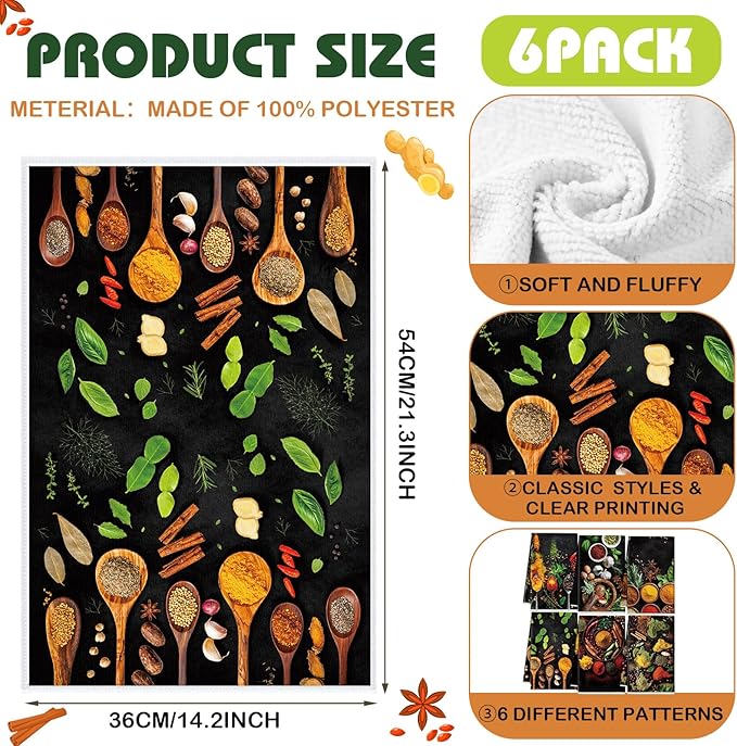Breling Set of 6 Colorful Spices Kitchen Towels Microfiber Dish Towel - Image 2