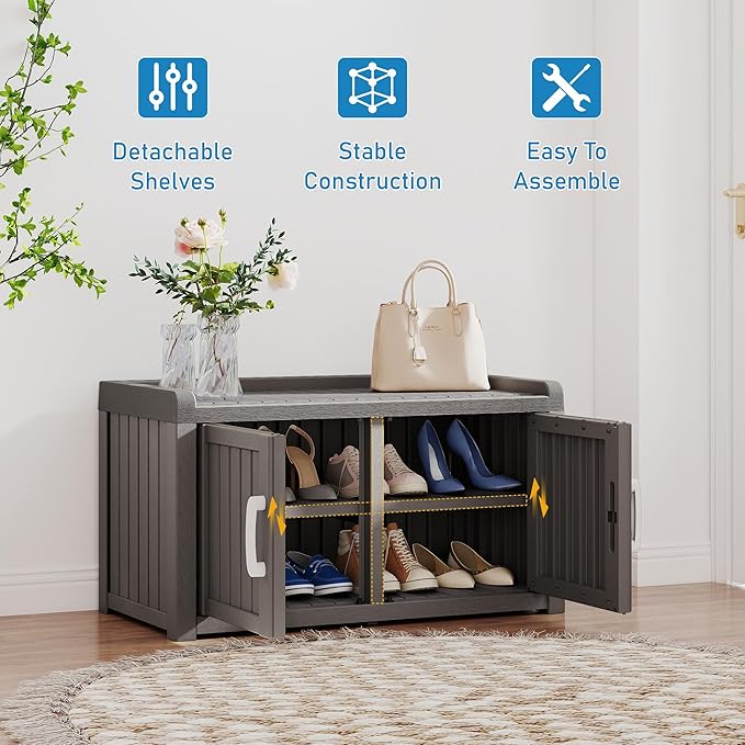 2-Tier Storage Bench, Waterproof UV-Resistant Outdoor Shoe Storage Cabinet with 2 Doors & Adjustable Shelves for Indoor Outdoor Entryway, Hallway, Living Room (Grey) - Image 5